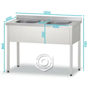 ванна моечная вмцп 860х1200х600 «profi inox», 2 м/о 250х500х400, борт, отв. д/смесит.